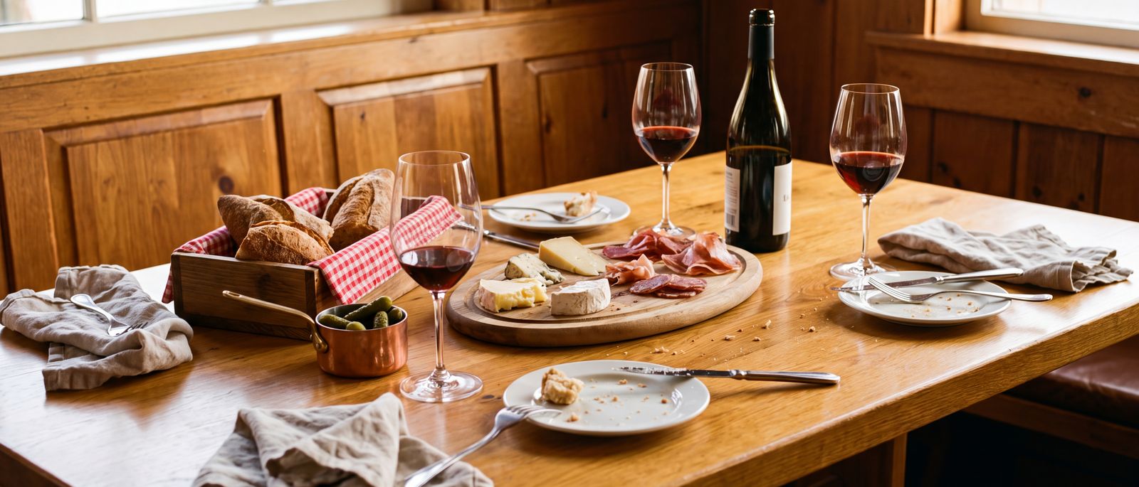A restaurant table with a charcuterie board, wine glasses and gingham napkins