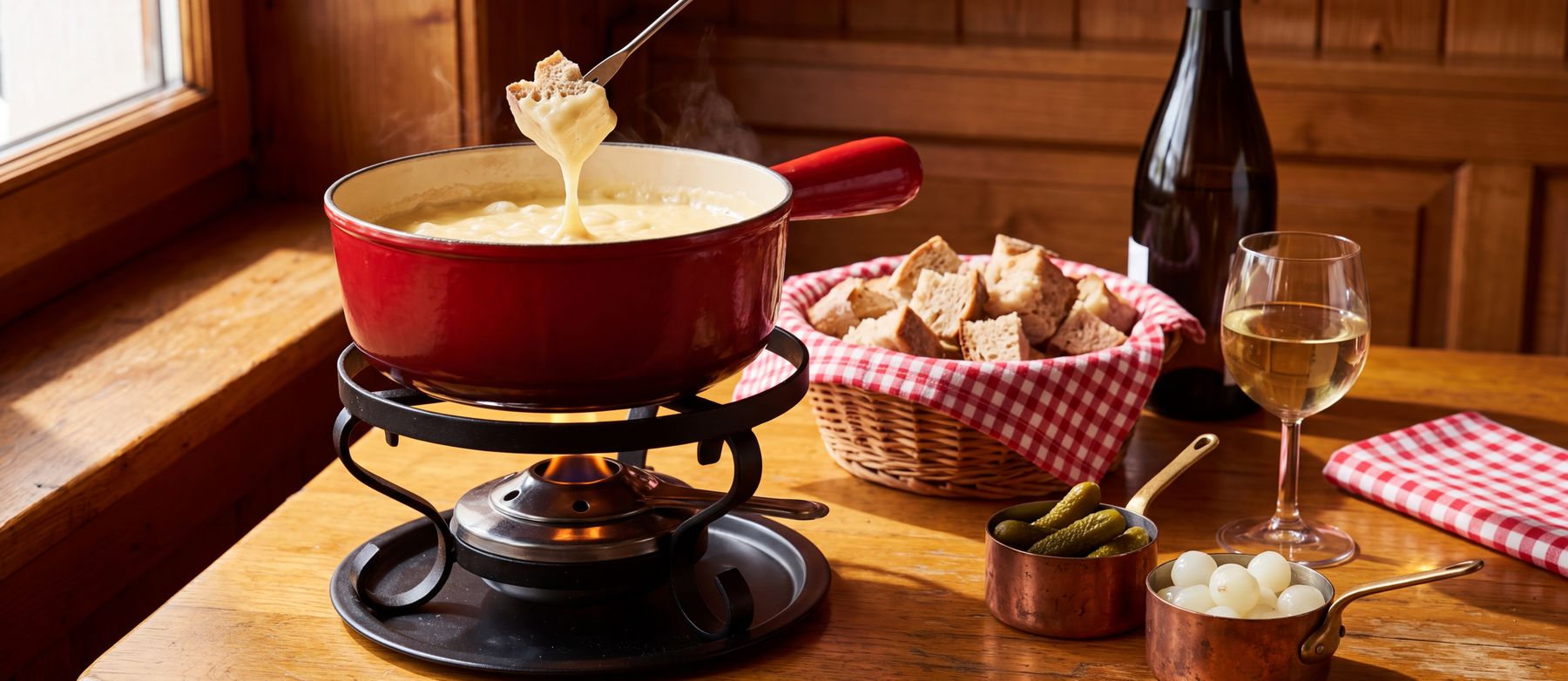A red fondue pot steaming on its burner beside a basket of bread