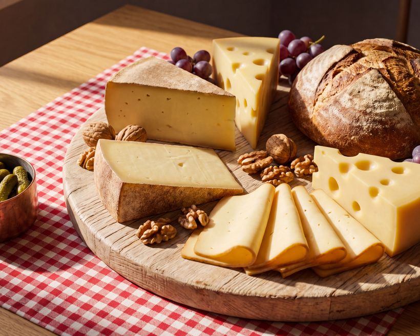 A board of sliced Swiss cheeses with walnuts, berries and a round country loaf