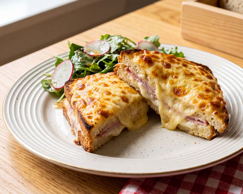 A toasted sandwich with melted cheese, tomato and egg beside a wheel of Emmentaler