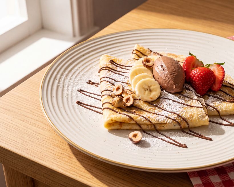 A folded crêpe on a pale plate, dressed with chocolate sauce, banana, hazelnuts and strawberries