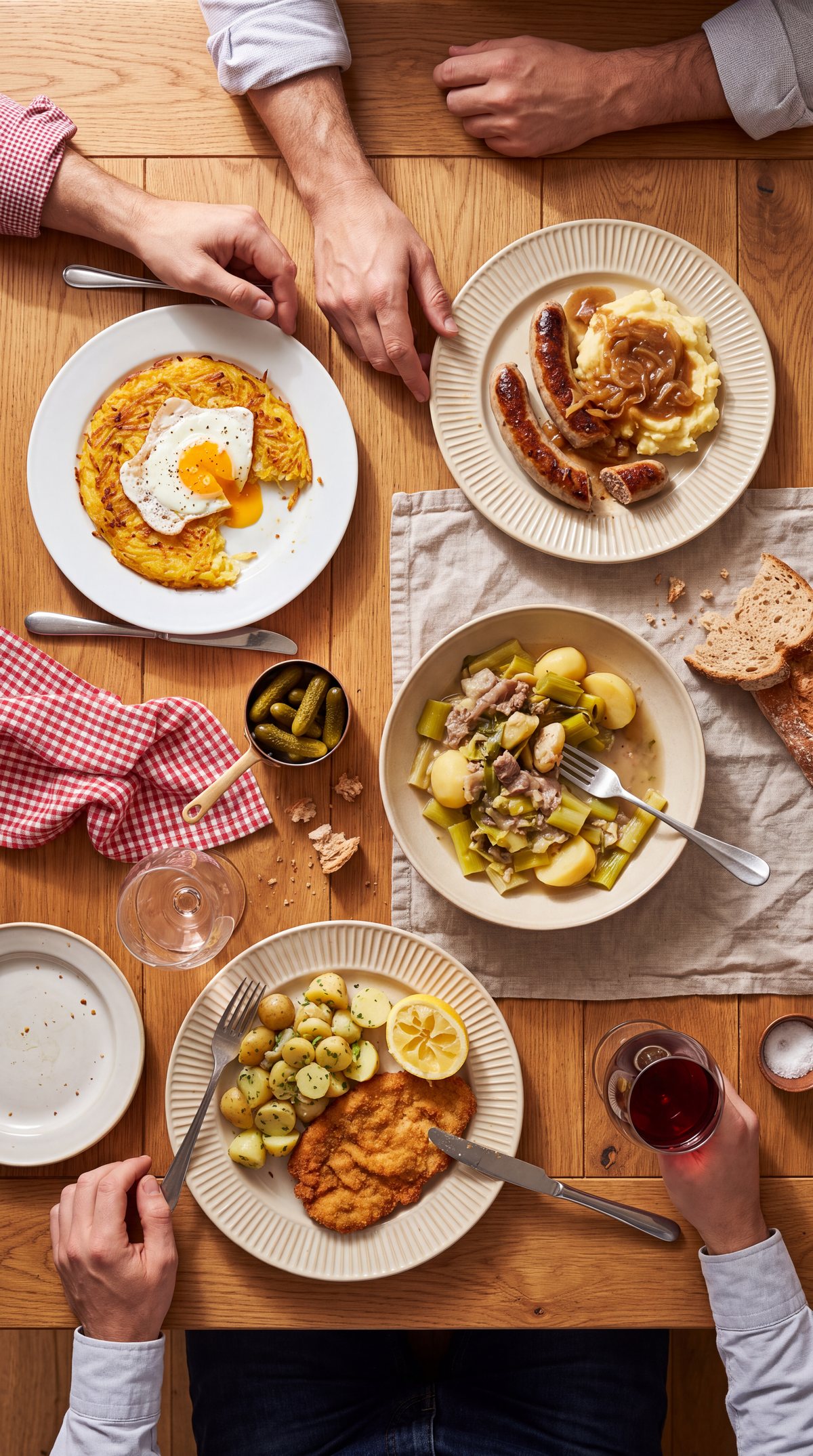 A table mid-meal seen from above: rösti with a fried egg, bratwurst with mash and onion gravy,
papet vaudois, and a schnitzel with potato salad, with hands reaching in