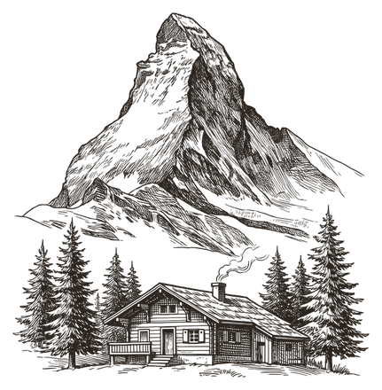 An engraving of a Swiss chalet below a mountain peak