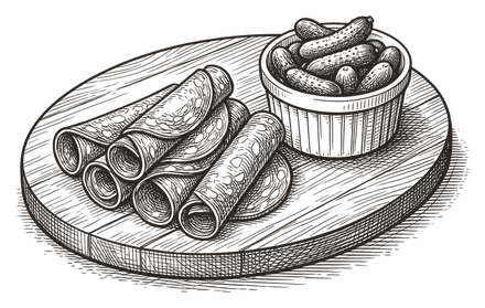 An engraving of a board of cured meats with a pot of cornichons