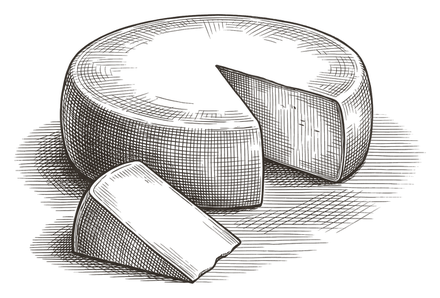 An engraving of a wheel of cheese