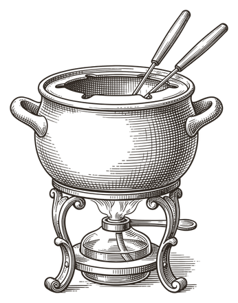 An engraving of a fondue pot on its burner